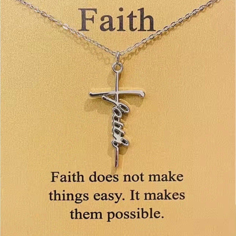 Silver Faith Cross Pendant Necklace Christian